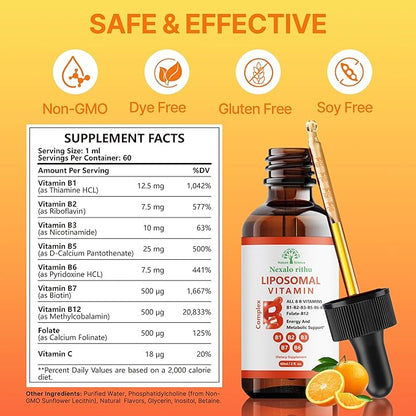 Liposomal Vitamin B Complex,Vitamin B Complex Liquid,B Complex Liquid Drops for Women Men-Improved Absorption,Methylated B12,B1,B2,B3,B5,B6,Folate (B9),Biotin (B7) for Energy and Immune Support-2.0 oz