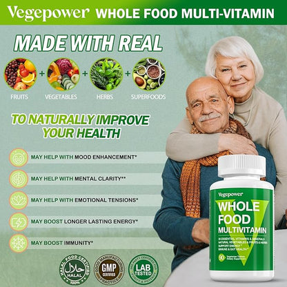 Vegan Whole Food Multivitamin with Iron, Daily Multivitamin for Men and Women, Methylated Multi Vitamins, B-Complex, Fruits & Vegetables, Enzymes, Omegas, Mushroom, Non-GMO, 90 Count
