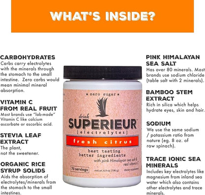 Superieur Electrolyte Powder Packets - Vegan Electrolyte Hydration Powder w/Sea Minerals - Keto Friendly, Non-GMO, Zero Sugar Electrolyte Supplement - Healthy Sports Drink - Citrus (14 Packets)