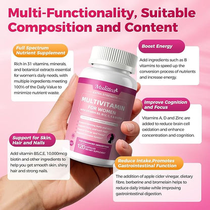 Multivitamin for Women - 18+ Daily Women Multivitamin w/Biotin 10000mcg, Vitamin A, C, D, E & More for Hair, Skin and Nails - Methylated B9,B12 for Energy & Focus -120 CT