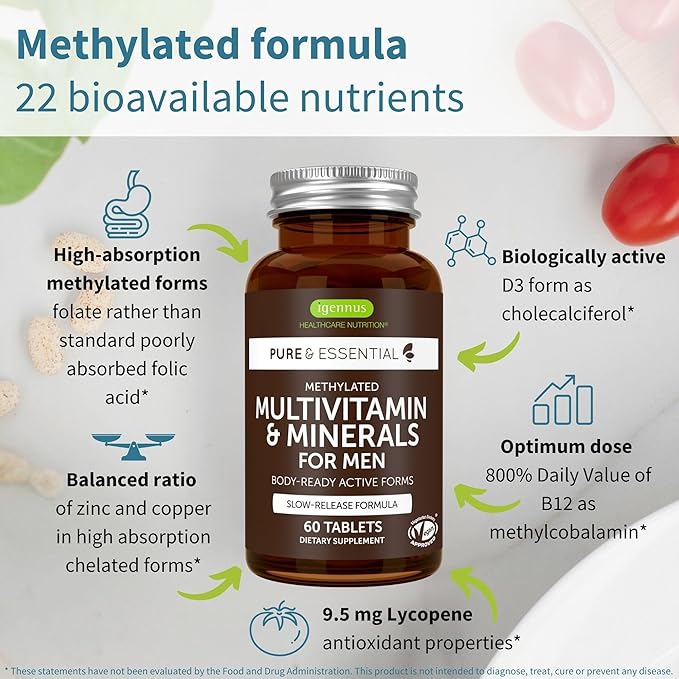 Igennus Methylated Multivitamin for Men & Women 2-Pack, All-Day Nutrient Delivery, Pure & Clean, Methylfolate & Methylcobalamin, High Strength MTHFR Supplement, Non-GMO & Halal, 30 Day Supply