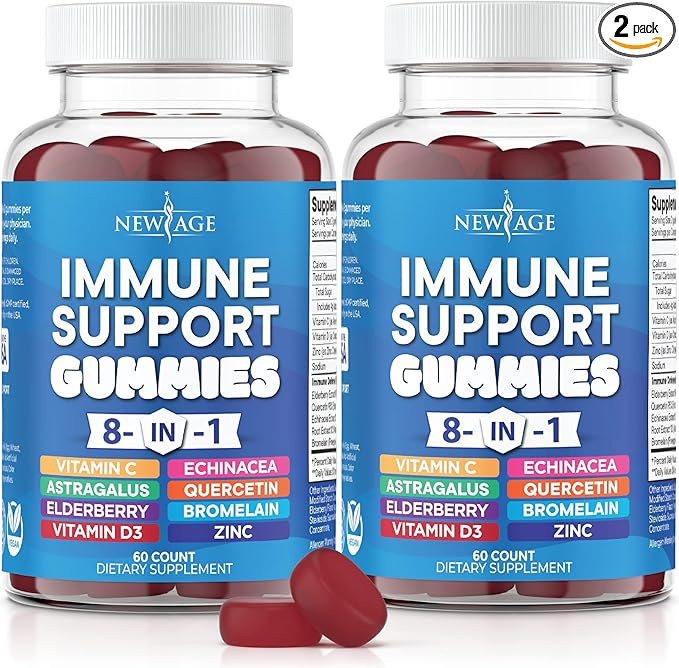 NEW AGE 8 in 1 Immune Support Booster Supplement with Astragalus Root, Vitamin C and Zinc 50mg, Vitamin D 5000 IU, Quercetin & Bromelain (8 in 1 Gummies (Pack of 2))