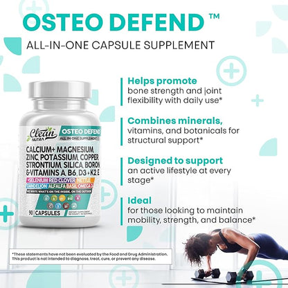 Clean Nutraceuticals Calcium Magnesium Zinc Supplement with Potassium, Copper, Strontium, Silica, Vitamin D3 K2, Boron, Vitamin B1 B12 Red Clover Herb Alfalfa Basil Pills for Men & Women Osteo Defend
