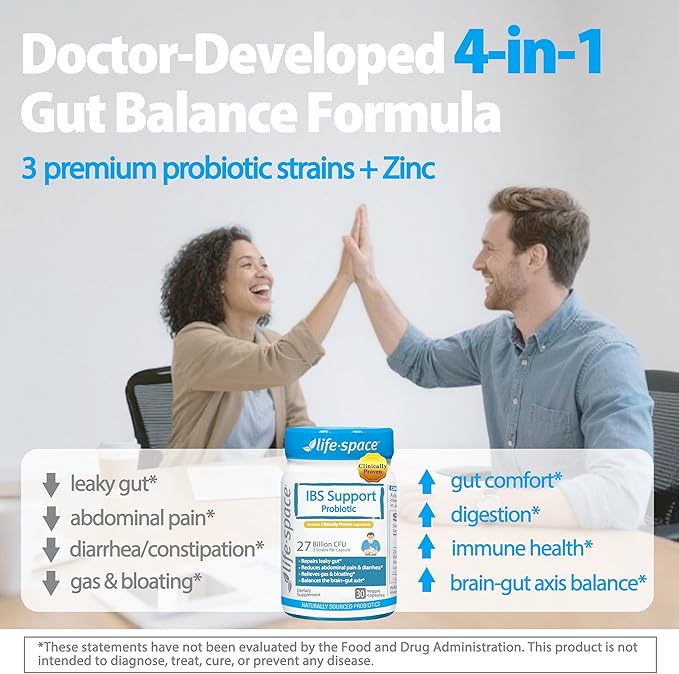 Life-Space IBS Support Probiotic, Clinically Poven to IBS Relief, 4 in 1 Probiotics for Women and Men, 27 Billion CFU, Supports Reduce Symptoms of IBS, Include Bloating, Gas & Diarrhea, 30 ct