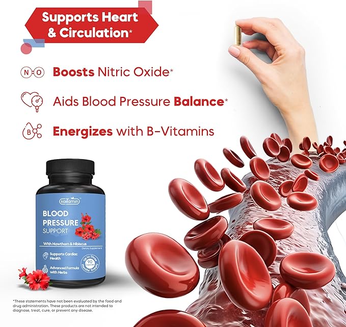 Blood Pressure Support Supplement – Natural Hawthorn, Hibiscus, Garlic & Olive Leaf – Heart Health & Circulation Support – B12, B6 – Vegan, Non-GMO – 90 Caps (3-Month Supply)