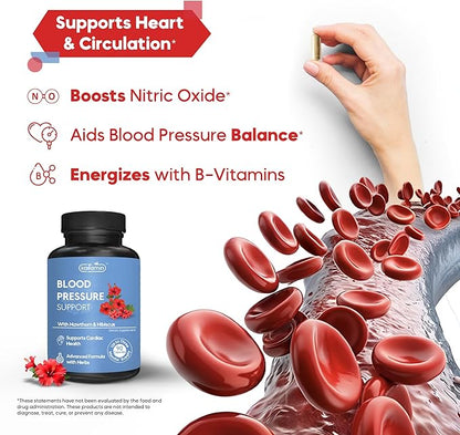 Blood Pressure Support Supplement – Natural Hawthorn, Hibiscus, Garlic & Olive Leaf – Heart Health & Circulation Support – B12, B6 – Vegan, Non-GMO – 90 Caps (3-Month Supply)