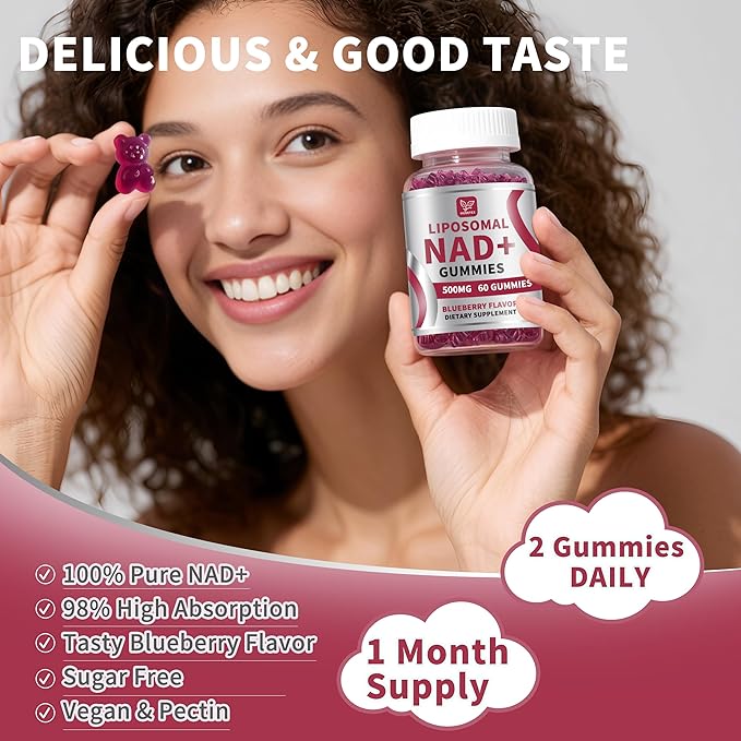 (2 Packs) NAD Gummies Supplement for Women & Men, Pure 500mg Liposomal NAD - Cell Regeneration, Energy & Metabolism Support, Vegan,Sugar Free，Additives Free, 120 Counts,Blueberry Flavor