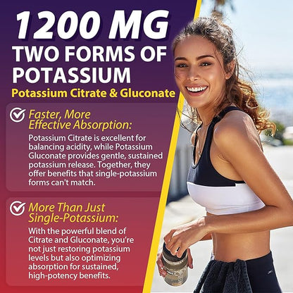 Potassium Citrate and Potassium Gluconate Supplement, 1200mg Two Forms of Potassium Gummies, w/Magnesium, Omega-3, Calcium, Vitamin D3 K2 B12 E B6, Folate for Muscles, Nerves, Health Bones, 120Cts