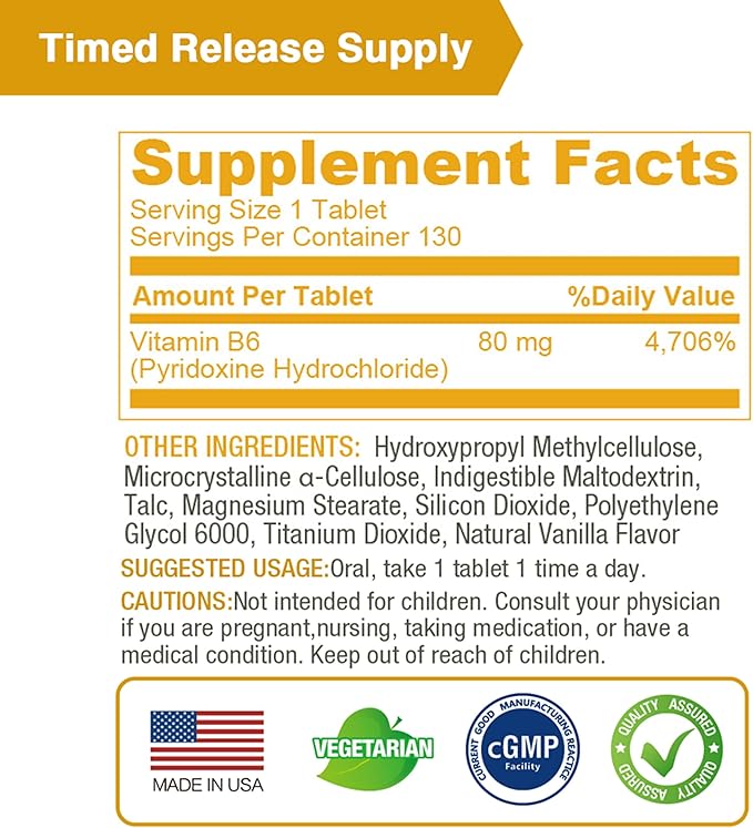 Lovita Vitamin B6 (Pyridoxine Hydrochloride) 80mg, Timed Release, 8 Hours Sustained, Support Cardiovascular & Nerve Health, 130 Vegan Tablet
