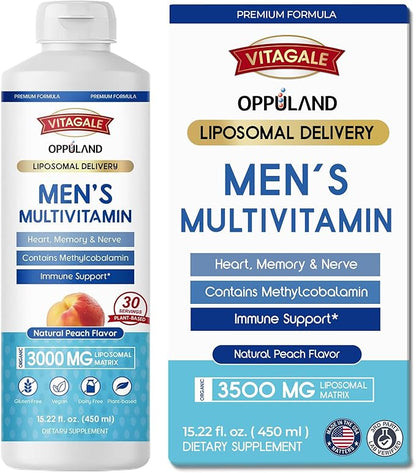 Men's Multivitamin - Liquid Supplement - Liposomal Delivery - Daily Multi Vitamin with Biotin B Complex Omega-3 - Hair & Nail Support Vitamin - Peach Flavor - 3000 mg per Serving - 450 mL