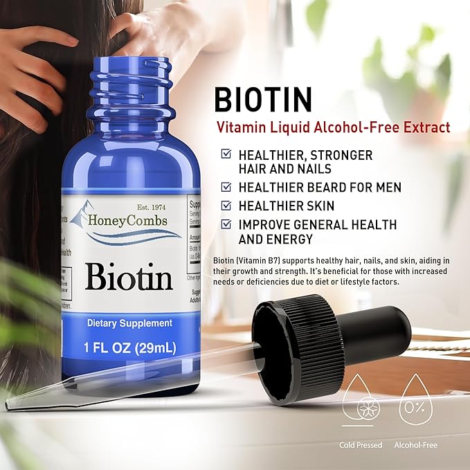 HoneyCombs Vitamin B7 (Biotin) Drops – Liquid Biotin Hair, Skin, Nails Supplement – Digestion & Hair Vitamins - Alcohol-Free, Non-GMO Vitamin Liquid for Healthy Hair, Skin and Nails, 1 Fl Oz.