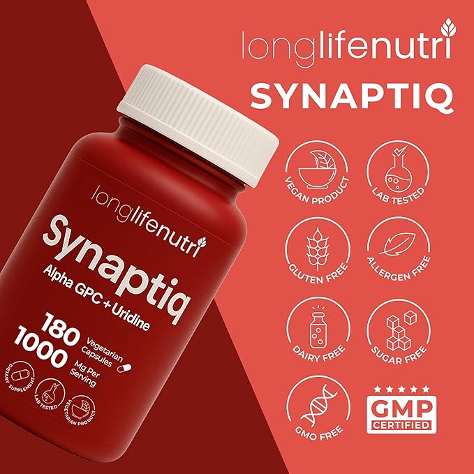 Synaptiq 1000mg (Alpha GPC + Uridine Monophosphate 600mg/400mg) - Nootropic Choline Supplement, 180 Vegetarian Capsules, 3-Month Supply, For Focus & Productivity, GMP Certified, Made in USA