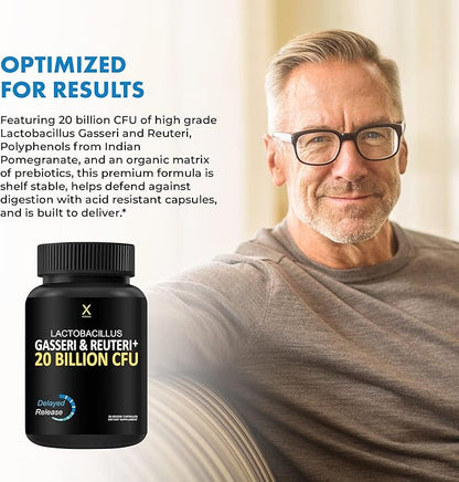 HUMANX Lactobacillus Gasseri & Reuteri+ 20 Billion CFU Plus Organic Prebiotics and Punicaligans - Probiotic Supplements - USA Made - Non-GMO - Performance Driven Delayed Release Capsule