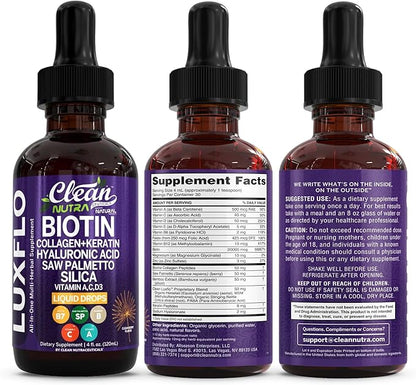 Biotin Liquid Drops Collagen Keratin Hyaluronic Acid Saw Palmetto for Hair Skin and Nails Silica Vitamin A C Vitamin D Bamboo Turmeric Zinc Folate Magnesium Horsetail LuxGlo by Clean Nutra - 2Pack