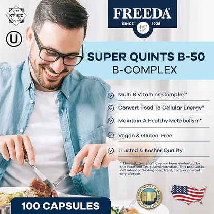 FREEDA High Potency Super B-Complex – B1, B2, B3, B5, B6, Biotin, Folic Acid & B12 – Energy, Mood & Nervous System Support – Vegan, Kosher, Gluten-Free – 250 Capsules