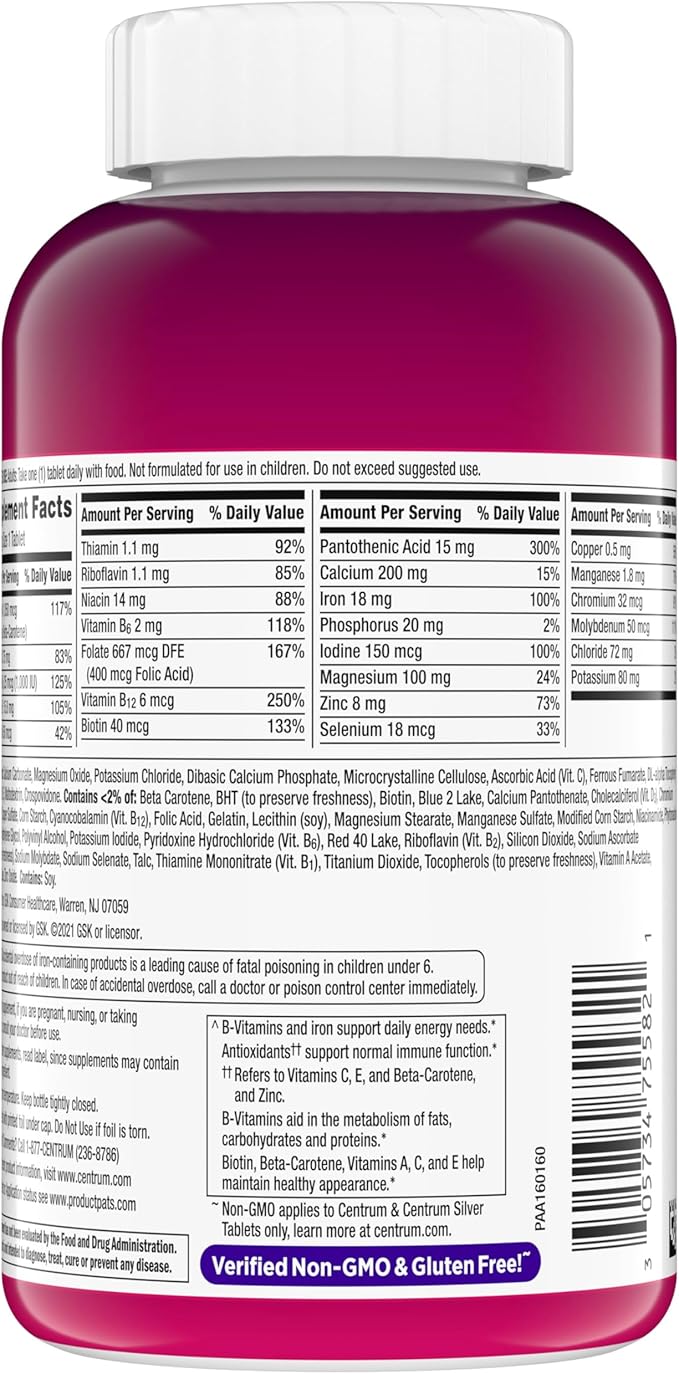 Centrum Multivitamin for Women, Multivitamin/Multimineral Supplement with Iron, Vitamin D3, B Vitamins and Antioxidant Vitamins C and E, Gluten Free, Non-GMO Ingredients - 250 Count
