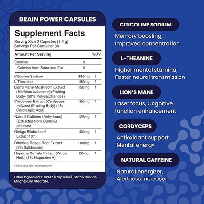 Troomy Brain Power - Focus and Memory Supplement for Brain | Citicoline, Lion's Mane, Cordyceps | Enhance Brain Function and Memory | - 60 Capsules