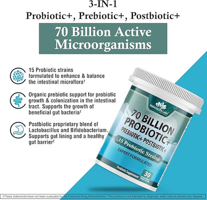 Probiotics 70 Billion CFU – 15 Probiotic strains + Organic Prebiotic+ Postbiotic 3-in-1 Complete – Promotes Healthy Digestive & Immune Function –Gas, Bloating, Constipation Support – for Men & Women