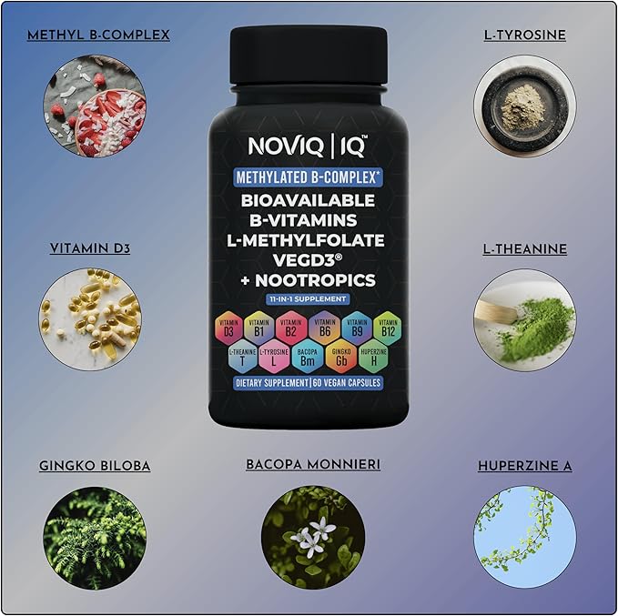 11-in-1 Methylated B-Complex Supplement: 680mcg L-Methylfolate(5-MTHF) Thiamine(B1) Riboflavin(B2) Pyridoxal(B6) Methylcobalamin(B12) - VegD3® + Nootropics - 1,100mg+ Serving - 60 Count