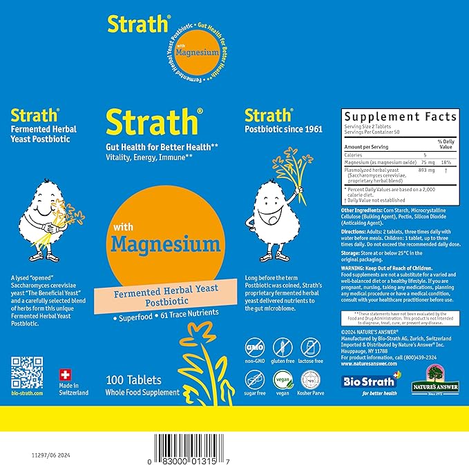 Strath with Magnesium Herbal Yeast Postbiotic 100 Tablets | Supports Immune Function | Promotes Wellness | Non GMO | Gluten Free | Sugar Free | Vegan | Kosher