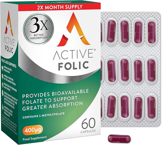 Active Folic 400mcg – L-Methylfolate Folic Acid Supplement – Highly Absorbed, Vegan – Supports Pregnancy, Energy, Tiredness & Fatigue Reduction – 60 Capsules (2-Month Supply)