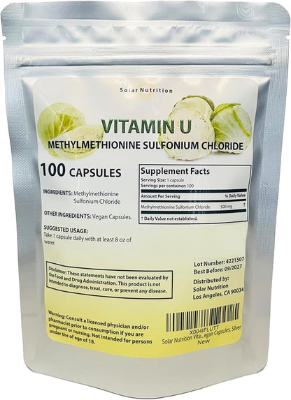 Vitamin U, Methylmethionine Sulfonium Chloride 500 mg, 100 Vegan Capsules, Silver