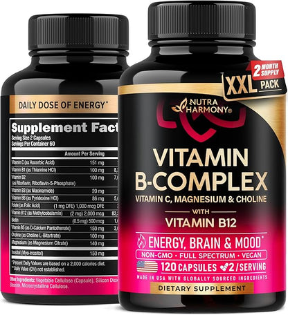 Vitamin B Complex for Men & Women - Made in USA - B-Complex: B1, B2, B3, B5, B6, B7, B8, B9, B12 with Vitamin C, Choline, Inositol - Energy, Brain & Heart Support Supplement, 120 Vegan Capsules