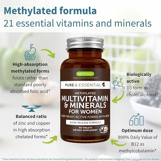 Igennus Methylated Multivitamin for Men & Women 2-Pack, All-Day Nutrient Delivery, Pure & Clean, Methylfolate & Methylcobalamin, High Strength MTHFR Supplement, Non-GMO & Halal, 30 Day Supply