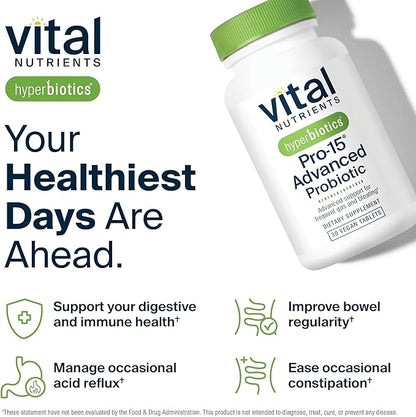 Hyperbiotics Vital Nutrients Pro-15 Advanced Probiotics for Women and Men | 15 Strains + Kiwifruit | Clinically Studied Daily Probiotics for Digestive Health, Gas, & Bloating | 30 Vegan Tablets