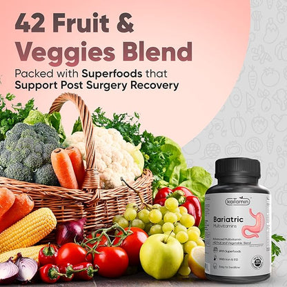 Bariatric Multivitamin with Iron – Post Bariatric Surgery – Gastric Bypass & Sleeve Support – for Women & Men – Easy to Swallow – B12, B6 & 42 Superfoods –Gluten-Free- 120 Caps 2-Month Supply