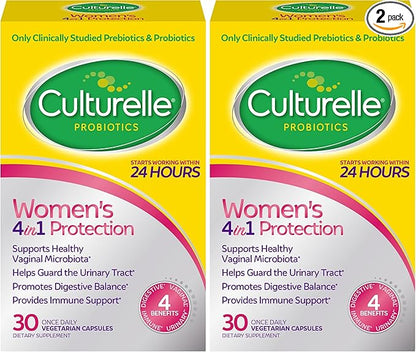 Culturelle 4-in-1 Probiotics for Women, Daily Probiotic & Prebiotic Supplement to Support Vaginal Health, Digestive Health, Immune Health, Occasional Diarrhea, Gas & Bloating Relief, Non-GMO, 30 Count