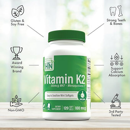 Health Thru Nutrition Vitamin K2 (MK-7) 100mcg – 120 Softgels | Menaquinone-7 | Highly Bioavailable K2 Supplement | Non-GMO, Soy-Free, Gluten-Free