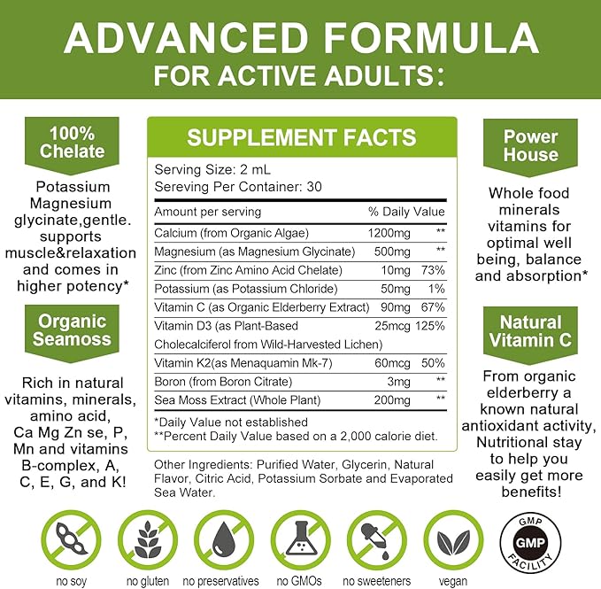 Calcium Magnesium Zinc Liquid with Vitamin D3, Magnesium Glycinate Plus Vitamin C K2| High Absorption Plant Calcium Supplement for Heart & Bone| Gluten Free，Sugar-Free | 30 Servings | Lemon Flavor
