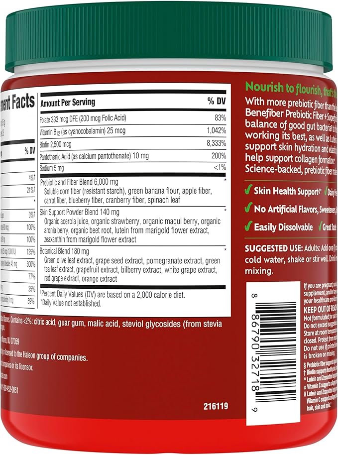 Benefiber Prebiotic Fiber + Superfruits Dietary Supplement, Strawberry Dragon Fruit Flavor, 8.8 oz (250g), 25 Day Supply