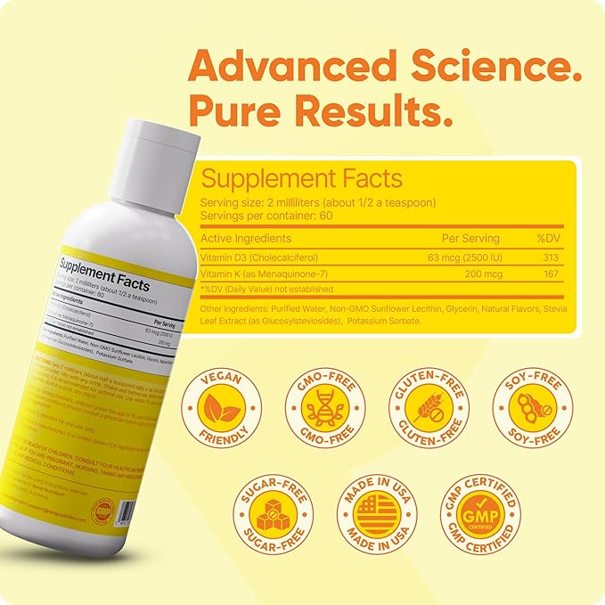 Liposomal D3K2 Liquid – Vegan, Non-GMO, High Absorption Vitamin D3 + K2 Supplement for Bone, Heart & Immune Support – 60 Servings