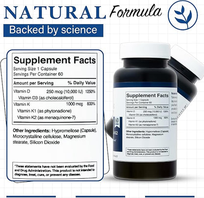 Vitamin D3 10,000 IU with K2 – Immune, Teeth, Bone Health Support, Non-GMO, Gluten & Dairy Free, 60 Day Supply, 60 Capsules
