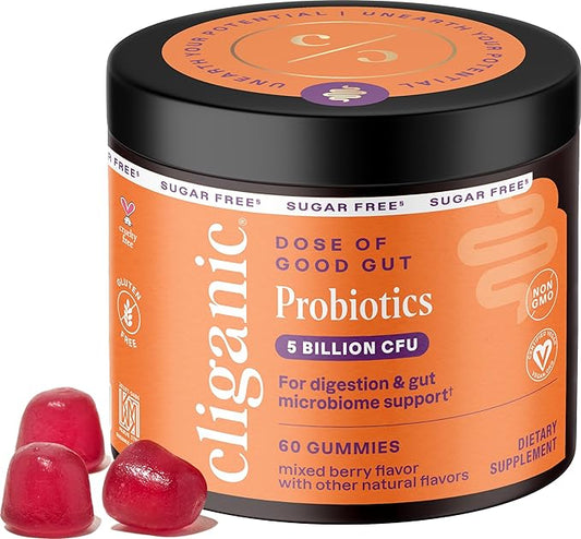 Cliganic Sugar-Free Probiotics Gummies for Men & Women (5 Billion CFU, 60-Day Supply) - Berry Flavor, Vegan, Non-GMO, Kosher, Gluten-Free, Promotes Digestive Health, Balances Gut Microbiome