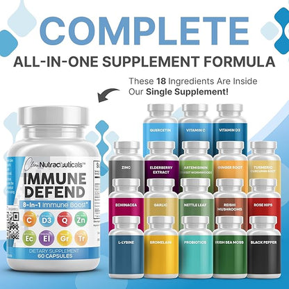 Clean Nutraceuticals Immune Defense Support Supplement 8 in 1 with Zinc 50mg Quercetin, VIT C 1000mg, Vitamin D3 5000 IU, Elderberry, Ginger - Immunity System Booster for Adults, Vegan - 60 Count