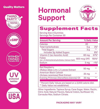 Pink Stork Hormone Balance Gummies for Women – PMS, Menopause & Estrogen Support – Mood, Bloating, Hot Flashes & Energy – Red Raspberry Leaf, Black Cohosh, Primrose – 60 Vegan Gummies