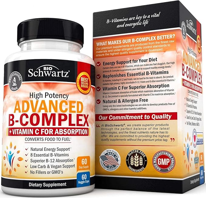 Vitamin B Complex with Vitamin C for Maximum Absorption - Methylcobalamin b12 & Folate Folic Acid Supplement - B1 B2 B3 B5 B6 B7 B9 for Immune Energy & Nervous System Support - Non-GMO, 60 count