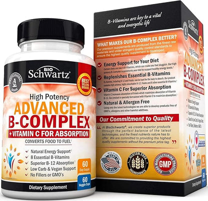 Vitamin B Complex with Vitamin C for Maximum Absorption - Methylcobalamin b12 & Folate Folic Acid Supplement - B1 B2 B3 B5 B6 B7 B9 for Immune Energy & Nervous System Support - Non-GMO, 60 count