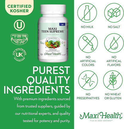 Maxi Health Multivitamin for Him – Boys Vitamins for Ages 12–17 Teen Supreme – Men’s Multivitamin for Energy, Immune Boost, Body & Brain Includes D3, Iron, Calcium, Digestive Enzymes (120 Count)