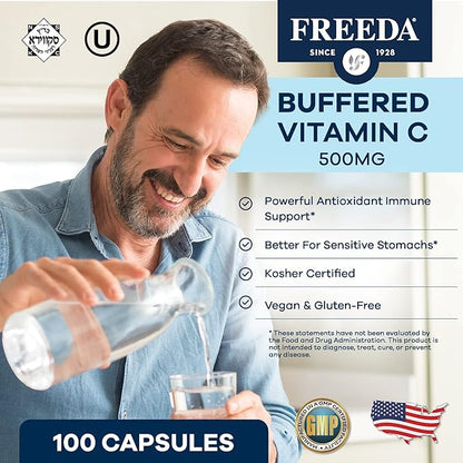 FREEDA Buffered Vitamin C 500mg – Non-Acidic Calcium Ascorbate – Immune Support & Antioxidant – Kosher, Gentle on Stomach – 100 Capsules