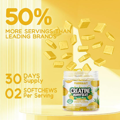 Creatine Monohydrate Chews Complex 6400mg for Men & Women -Advanced Formula W/L-Taurine + Vitamin B12, Sugar Free Chewable Supplement,60 Pineapple Softchews