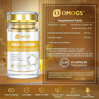 NAD+ 300 mg + Trans-Resveratrol 200 mg, Pure NAD Supplement, Max Absorption, Boosting Supplement for DNA Repair, Healthy Aging, Cellular Energy & Longevity, 60 Capsules