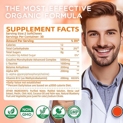 Creatine Monohydrate Chews Complex 6400mg for Men & Women -Advanced Formula W/L-Taurine + Vitamin B12, Sugar Free Chewable Supplement,60 Orange Softchews