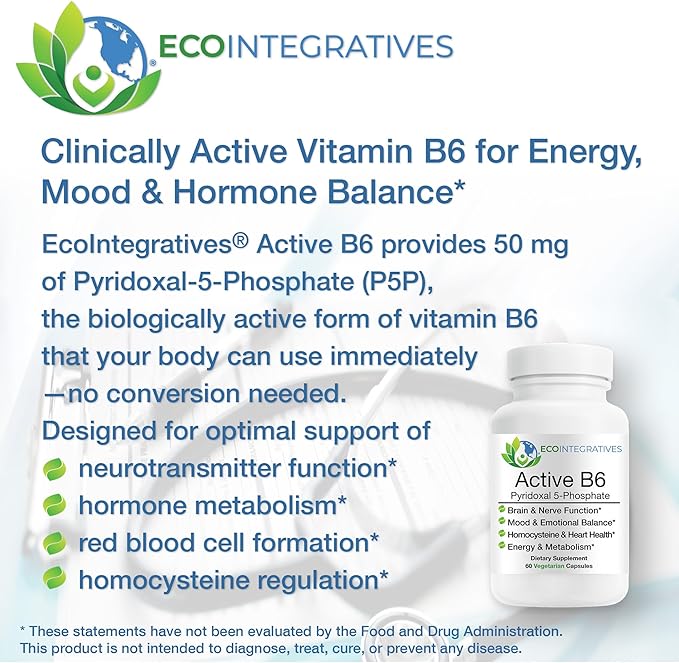 EcoIntegratives® Active B6 – 33.8 mg Pyridoxal 5-Phosphate (P5P), High Potency Active Vitamin B6 for Energy, Mood, Nerve and Heart Support* – Non-GMO, Gluten Free, 60 Vegetarian Capsules