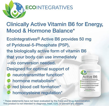 EcoIntegratives® Active B6 – 33.8 mg Pyridoxal 5-Phosphate (P5P), High Potency Active Vitamin B6 for Energy, Mood, Nerve and Heart Support* – Non-GMO, Gluten Free, 60 Vegetarian Capsules