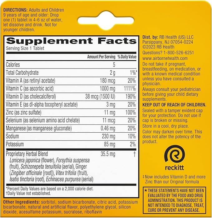 Airborne 1000mg Vitamin C with Vitamin D & Zinc, Sugar Free Multivitamin Immune Support Supplement, Antioxidants Vitamins A C & Vitamin E, 10 Effervescent Tablets, Zesty Orange Flavor