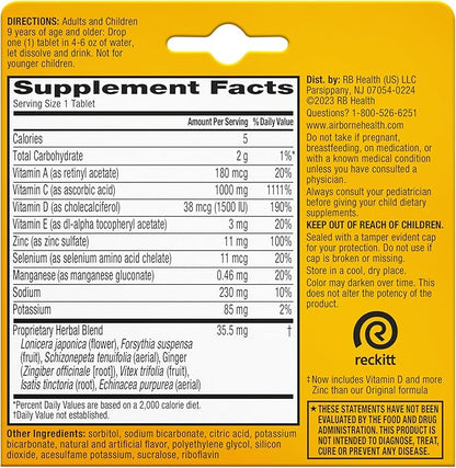 Airborne 1000mg Vitamin C with Vitamin D & Zinc, Sugar Free Multivitamin Immune Support Supplement, Antioxidants Vitamins A C & Vitamin E, 10 Effervescent Tablets, Zesty Orange Flavor